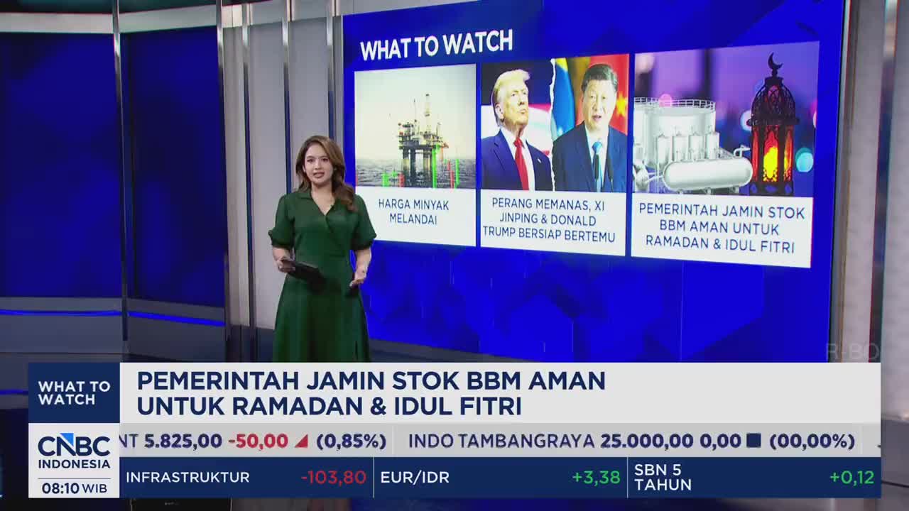 A woman in a green dress stands before a large screen displaying news headlines. The screen shows images of an oil rig, Donald Trump and Xi Jinping, and a fuel storage facility with a Ramadan lantern.