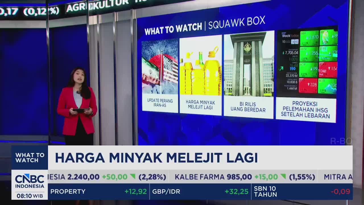 A woman in a red blazer stands before a blue screen displaying financial news from CNBC Indonesia. The screen highlights "Harga Minyak Melejit Lagi," indicating a surge in oil prices. A woman in a red blazer stands before a blue screen displaying financial news from CNBC Indonesia. The screen highlights "Harga Minyak Melejit Lagi," indicating a surge in oil prices.