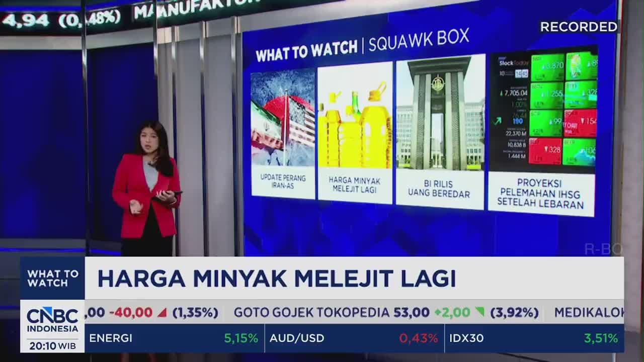 A woman in a red blazer stands before a screen displaying financial news from CNBC Indonesia. The screen highlights "HARGA MINYAK MELEJIT LAGI," indicating a surge in oil prices. A woman in a red blazer stands before a screen displaying financial news from CNBC Indonesia. The screen highlights "HARGA MINYAK MELEJIT LAGI," indicating a surge in oil prices.