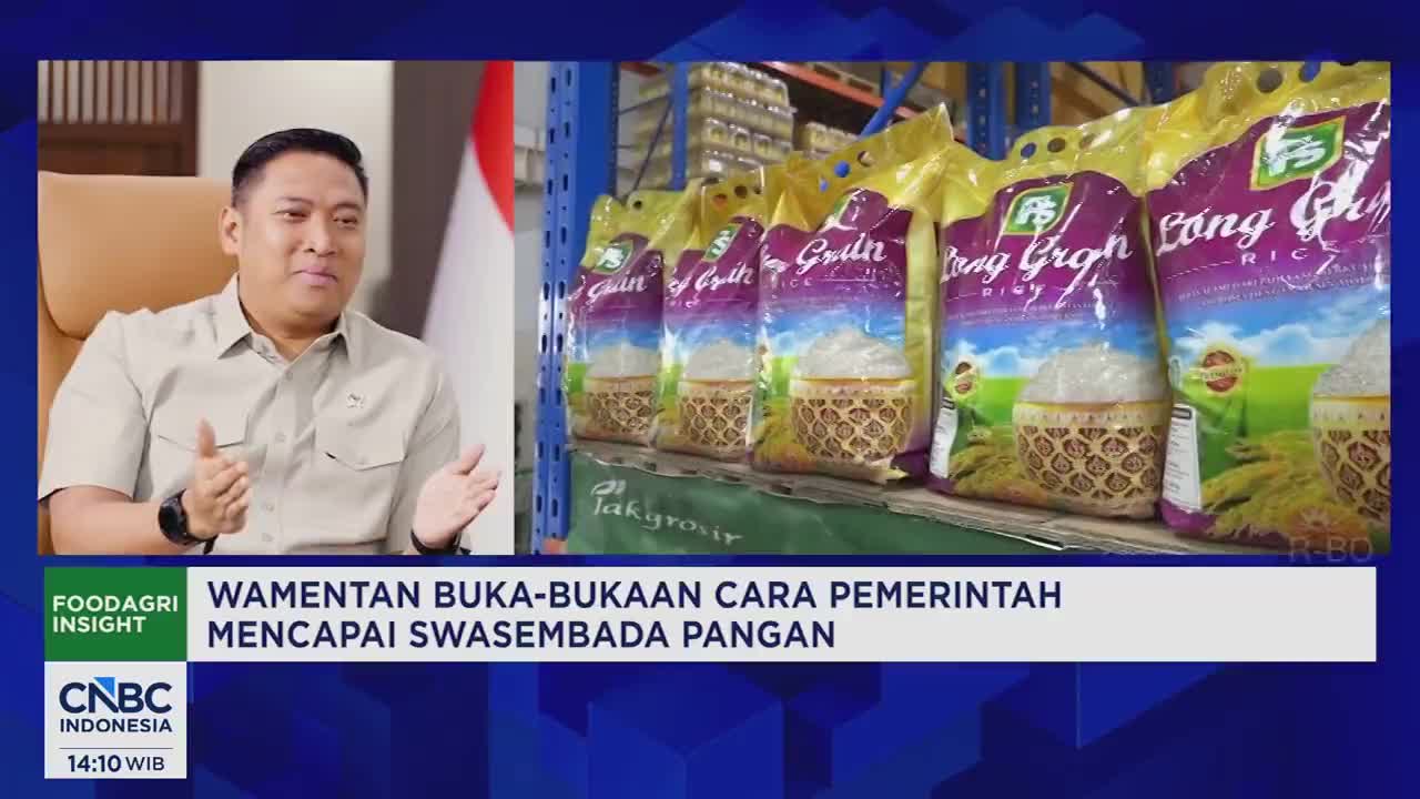 A man in a light brown shirt gestures as he speaks, with a backdrop of colorful rice bags neatly stacked on a shelf. The CNBC Indonesia logo appears in the corner.