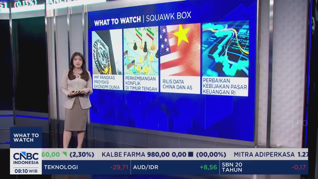 A woman stands before a large screen displaying financial news from CNBC Indonesia. The screen shows four panels with titles like "IMF Global Economic Projections" and "China and US Data Releases." A woman stands before a large screen displaying financial news from CNBC Indonesia. The screen shows four panels with titles like "IMF Global Economic Projections" and "China and US Data Releases."