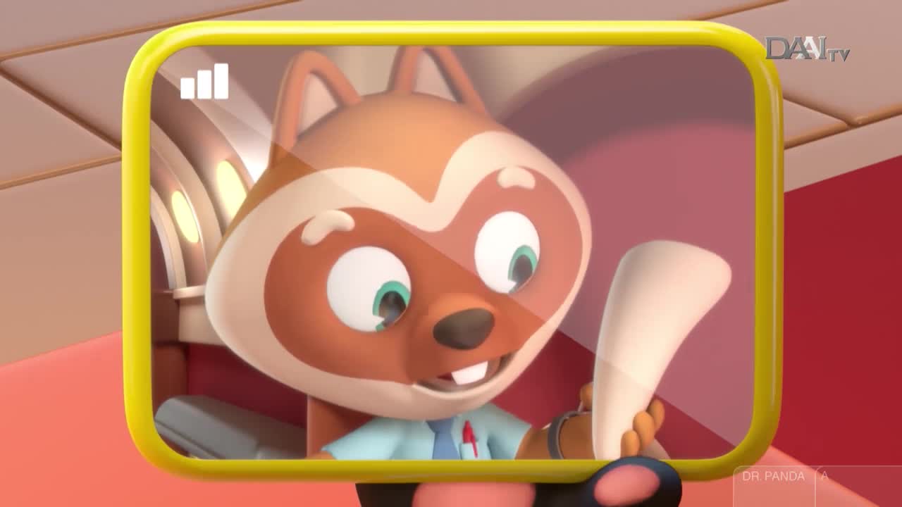 A cartoon squirrel, framed in a yellow rectangle, holds a scroll and smiles. The DAAI TV logo is visible in the corner of the frame.
