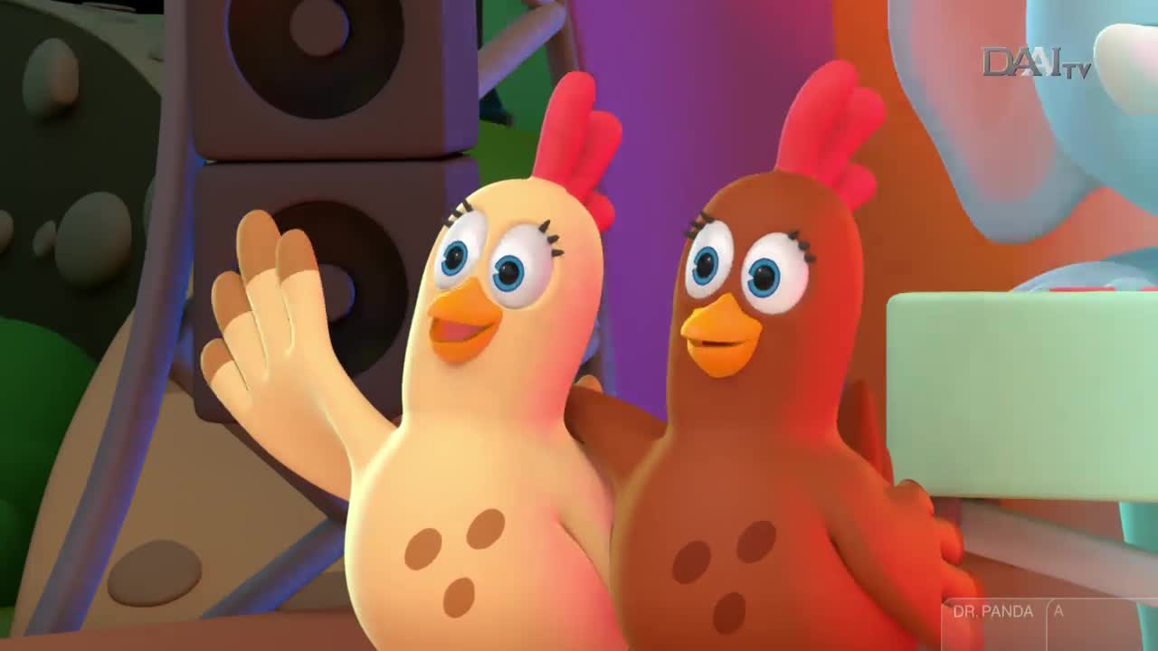 A light-yellow chicken waves its hand, while a brown chicken stands close by. Both are smiling, and the DAAI TV logo is visible in the background.

