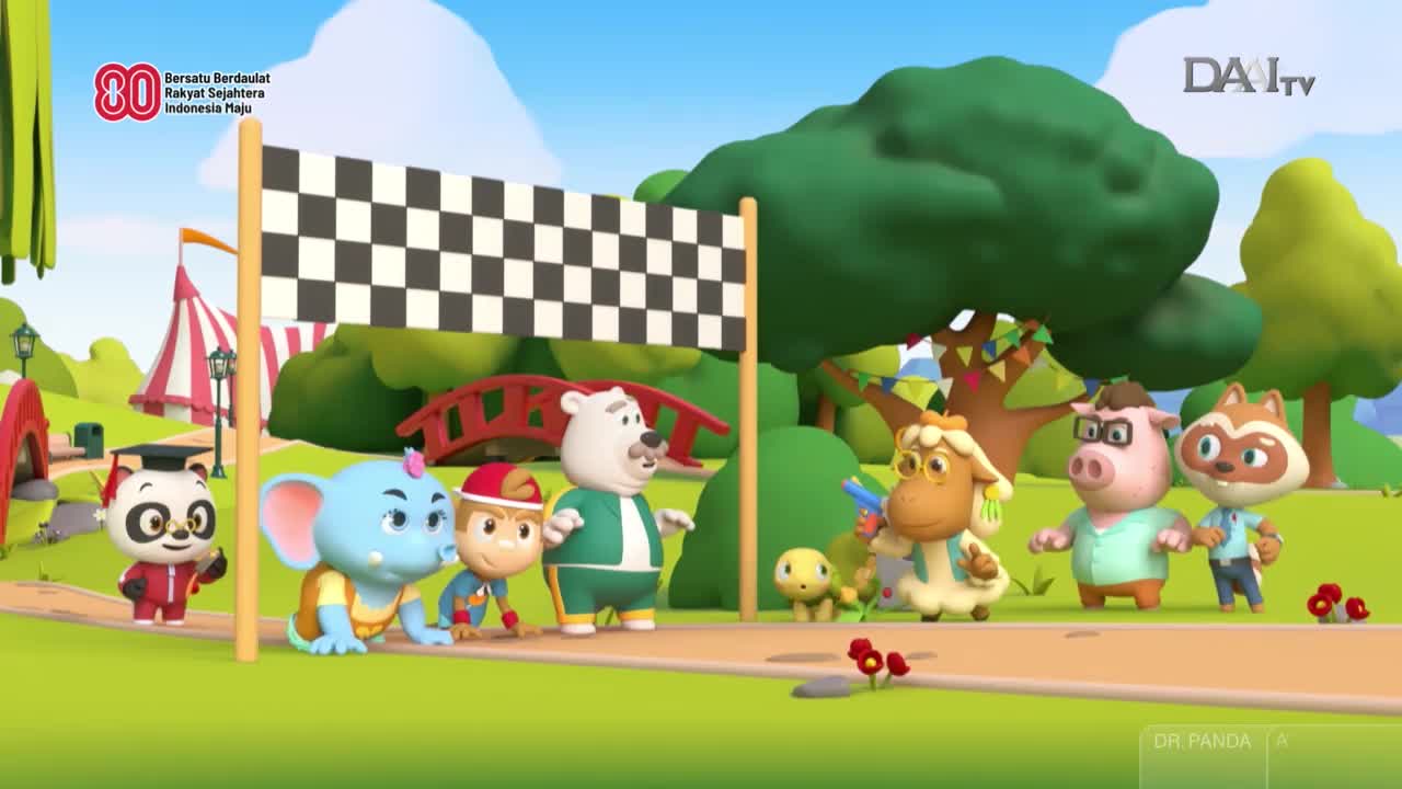 The cartoon characters are lined up at the starting line, ready to race. A panda in a graduation gown holds a pencil, looking toward the finish line.

