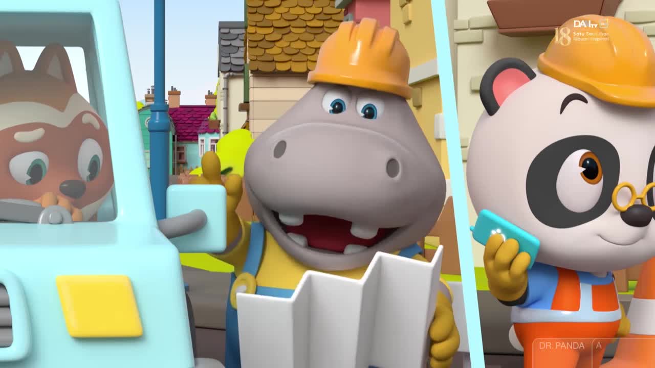 A hippo in a yellow hard hat holds a blueprint, while a panda with glasses clutches a phone. A fox peers out of a light blue vehicle, all characters in a cartoon scene from DAAI TV.
