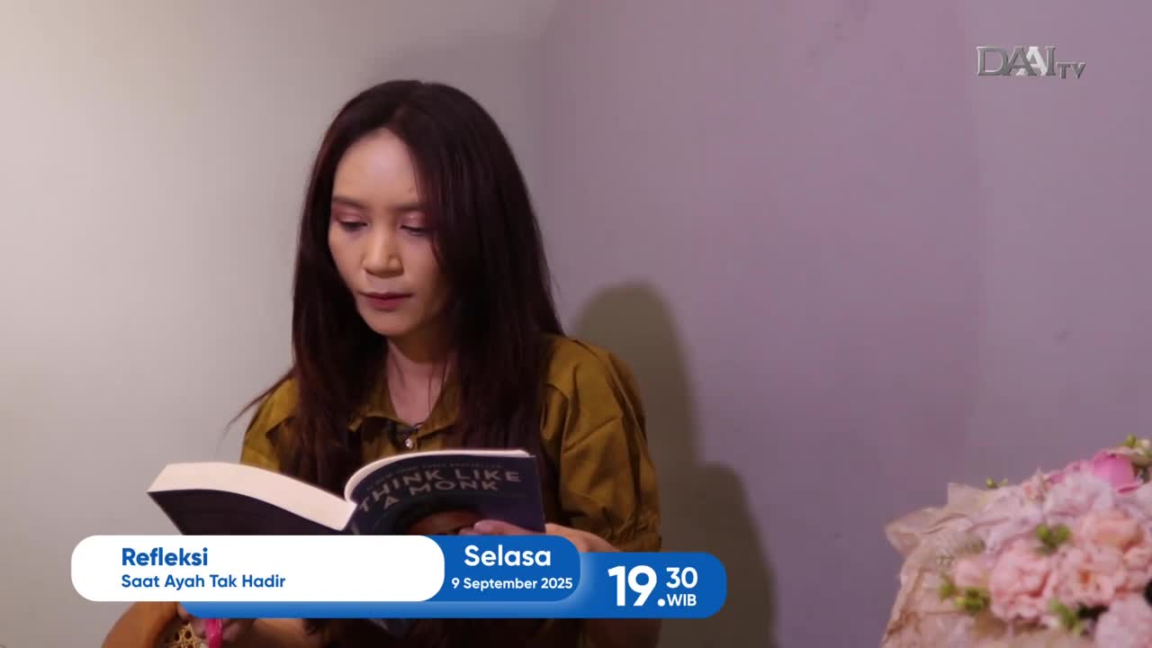 A woman with long dark hair is reading a book, her eyes focused on the pages. The DAAI TV logo is visible, and a program title card indicates a show called "Refleksi" will air at 7:30 PM on Tuesday.
