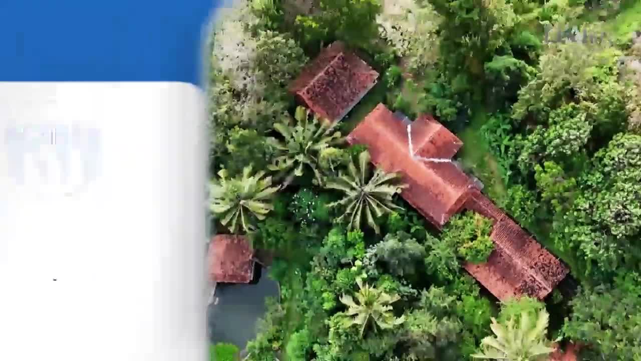 From this angle, a cluster of buildings with red-tiled roofs is nestled among lush, green foliage. A white and blue graphic from DAAI TV partially obscures the view.
