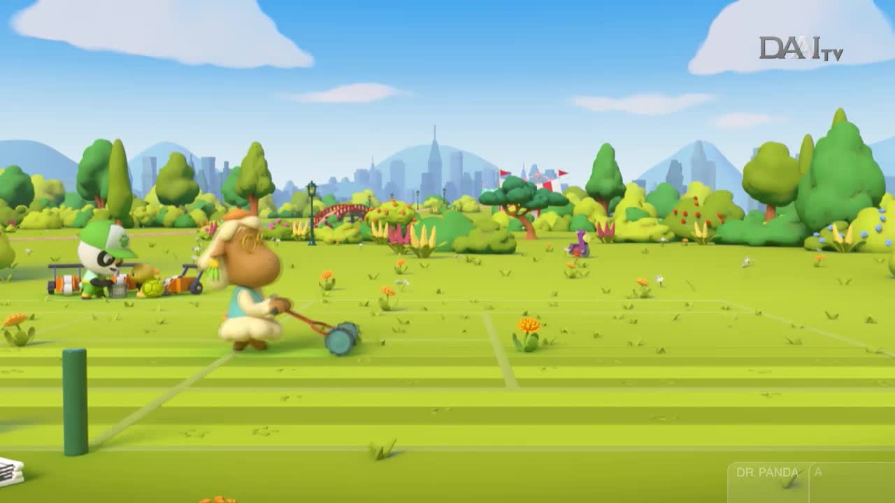 A sheep-like character pushes a small lawnmower across a grassy field, while a panda-like figure sits nearby. The scene is set in a cartoon park, possibly from an Indonesian DAAI TV program.
