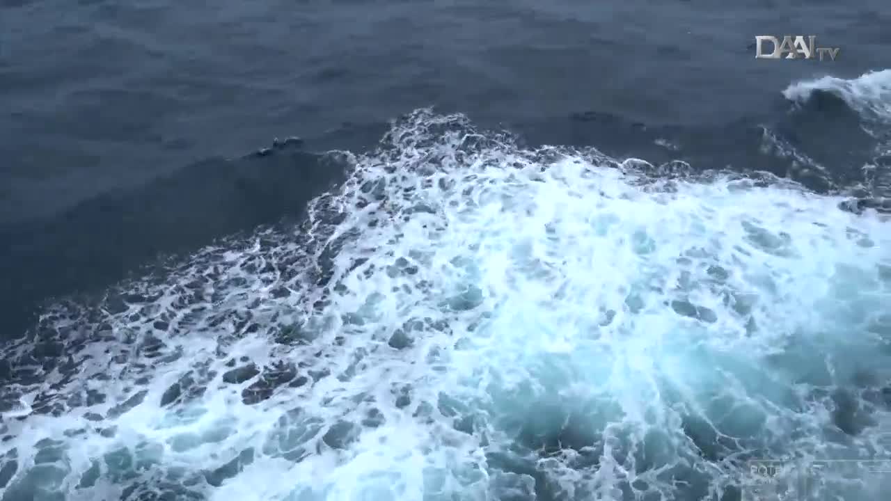 The dark ocean swells, its surface churning with white foam.  DAAI TV's logo sits in the corner as the camera captures the movement of the waves.

