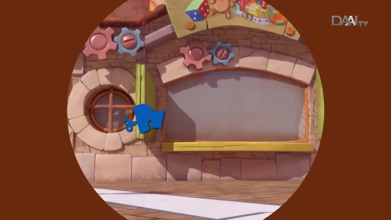 A blue, wind-up toy key turns on the side of a whimsical building, its gears spinning. This is part of a DAAI TV production, likely for children in Indonesia.