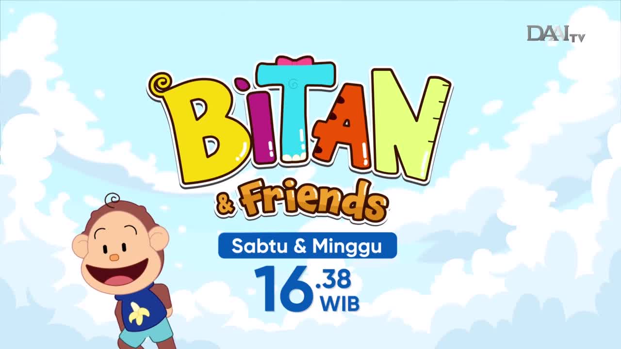 A cartoon monkey grins widely, his arms outstretched. The title "BITAN & FRIENDS" floats above him, with "Sabtu & Minggu" and a time displayed below.