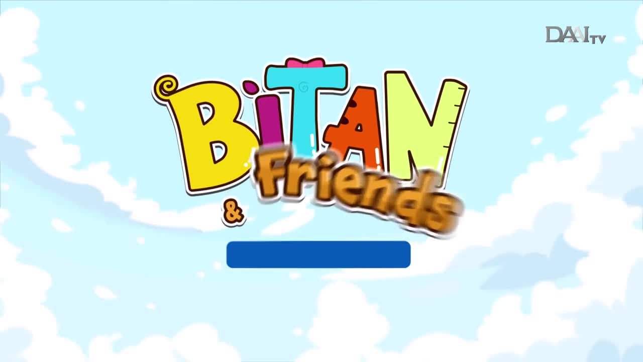 The title "BITAN & Friends" bounces into view against a sky of soft clouds, a DAAI TV logo visible in the corner. A blue bar animates below the words, hinting at what's to come on this Indonesian broadcast.