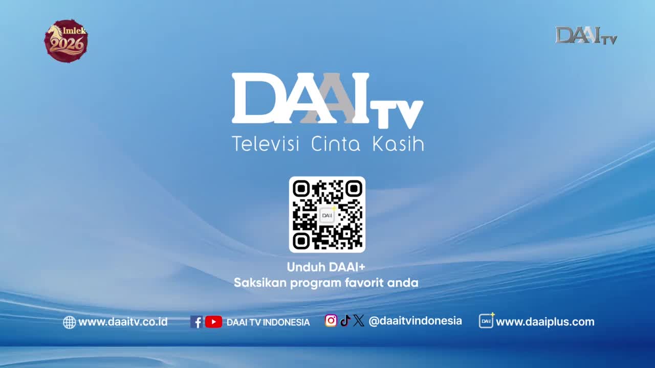 The DAAI TV logo, "Televisi Cinta Kasih," is centered on a soft blue background. A QR code sits below, inviting viewers to download the DAAI+ app to watch their favorite programs. The DAAI TV logo, "Televisi Cinta Kasih," is centered on a soft blue background. A QR code sits below, inviting viewers to download the DAAI+ app to watch their favorite programs.