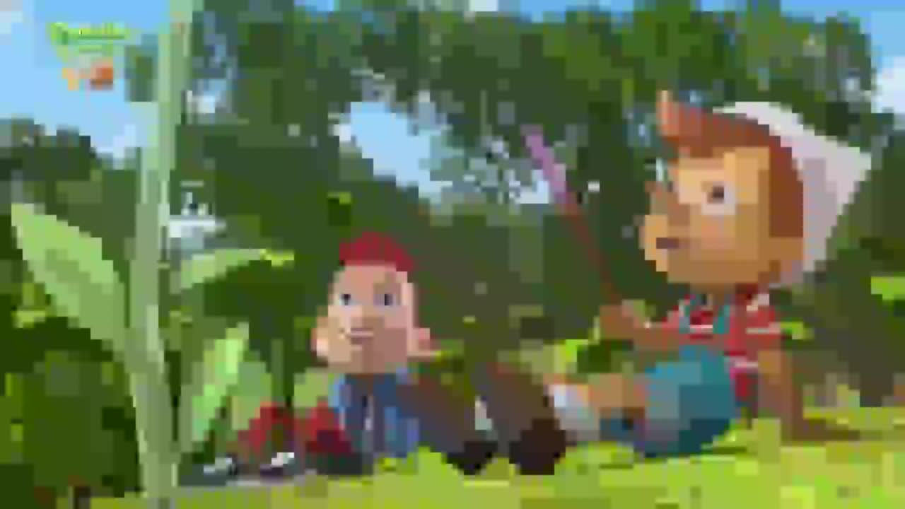 Two animated boys sit in the grass, surrounded by lush greenery. The boy on the right, wearing a red and white striped shirt and blue overalls, holds a long stick. Two animated boys sit in the grass, surrounded by lush greenery. The boy on the right, wearing a red and white striped shirt and blue overalls, holds a long stick.