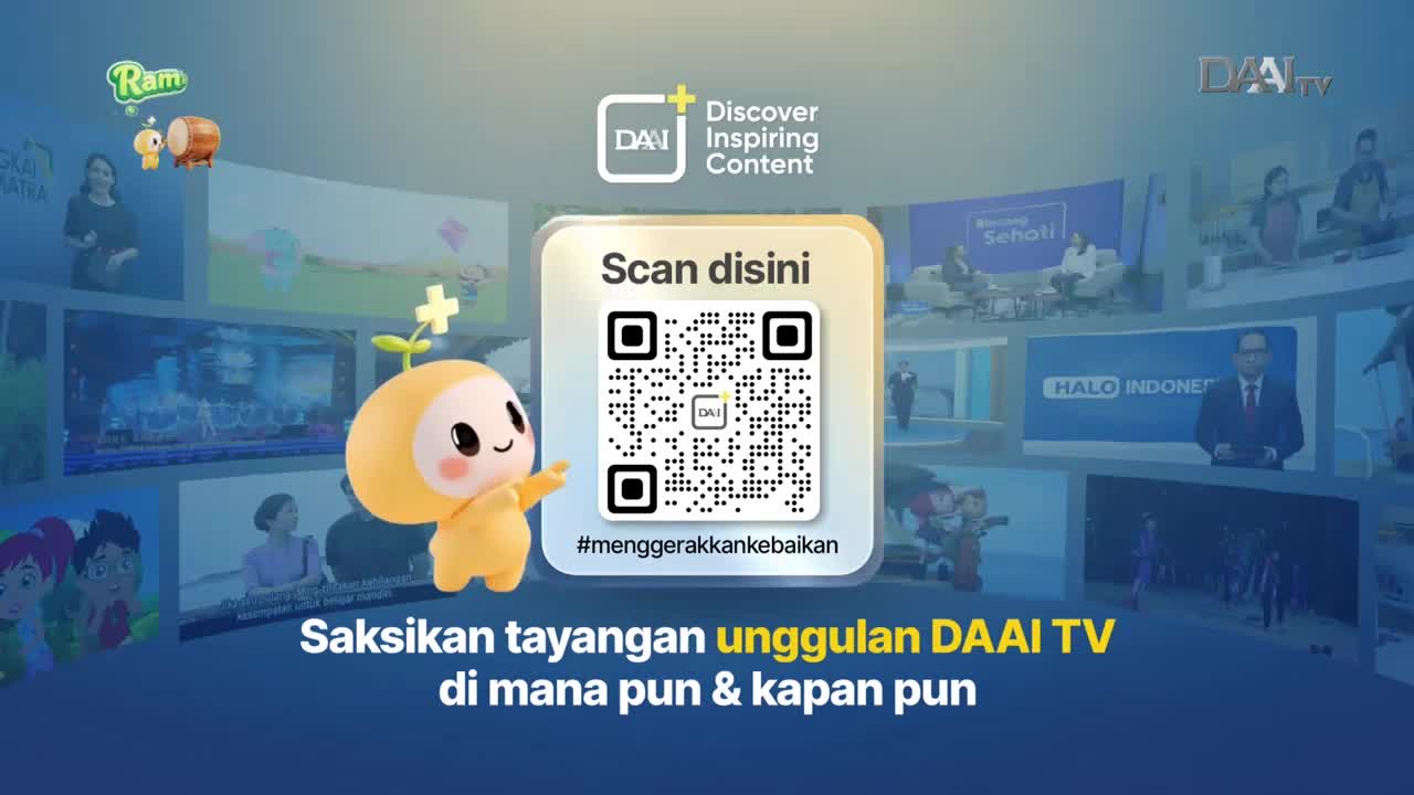 A cheerful yellow mascot with a sprout on its head stands next to a QR code. Behind them, multiple screens display clips of DAAI TV programming from Indonesia.