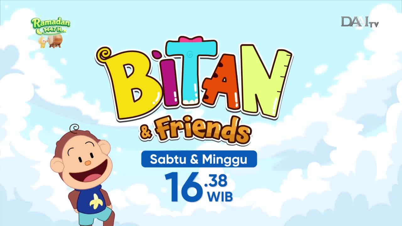 The DAAI TV logo sits in the corner above the colorful title "BITAN & FRIENDS." A cheerful monkey character grins widely, ready for the show's Saturday and Sunday broadcast at 16:38 WIB.