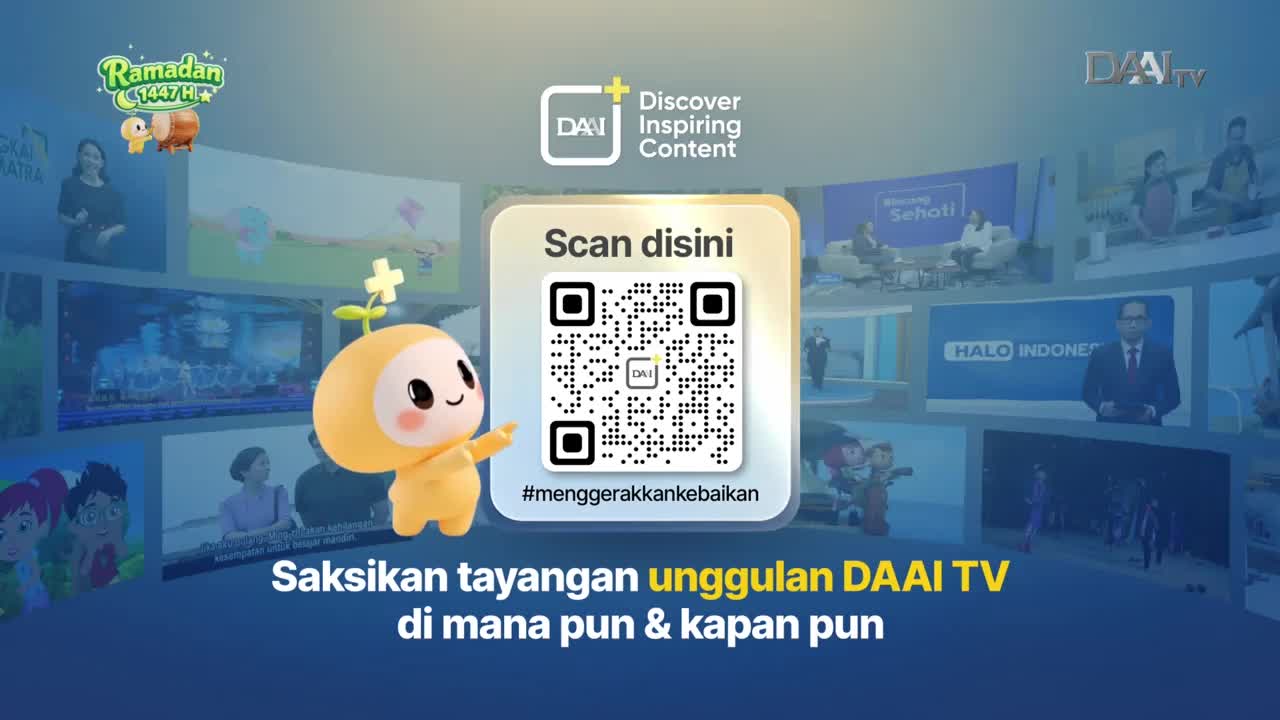 A cheerful, yellow character with a sprout on its head stands beside a QR code. Behind them, screens display various programs, including a news segment with the words "HALO INDONESIA."