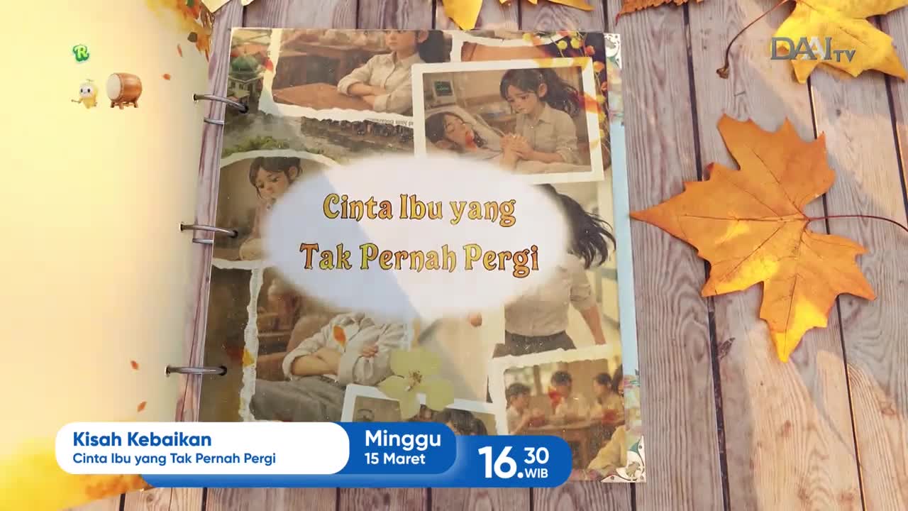 The DAAI TV logo sits on a wooden surface scattered with autumn leaves. A scrapbook-style display features photos and the title "Cinta Ibu yang Tak Pernah Pergi" (A Mother's Love That Never Leaves).