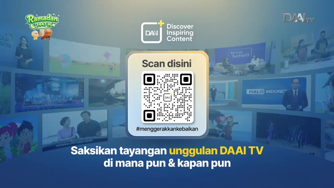 A QR code invites viewers to scan for DAAI TV's inspiring content. Surrounding it, various programs play out on screens, showcasing a diverse range of Indonesian broadcasts.