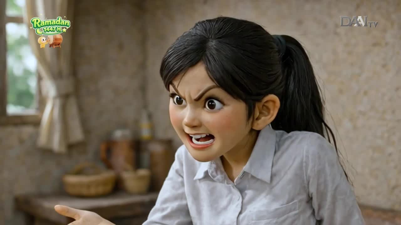 The animated girl's face contorts in anger as she points her finger forward. This scene, likely from a DAAI TV program celebrating Ramadan, captures a moment of intense emotion.
