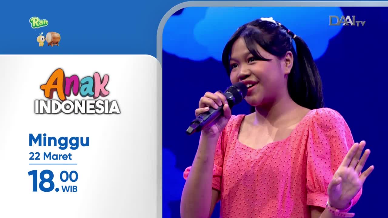 A young girl with pigtails sings into a microphone on the DAAI TV stage. Her bright pink top matches the energetic mood of the "Anak Indonesia" program.