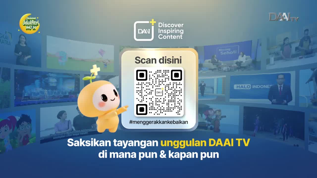 A cheerful yellow character with a sprout on its head stands beside a QR code. Screens displaying various DAAI TV programs surround them.