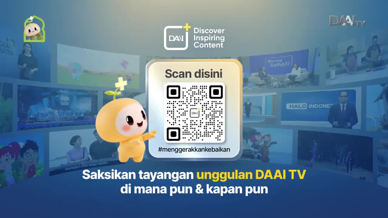 A small, yellow character with a sprout on its head stands beside a QR code, gesturing invitingly. Behind them, screens display various Indonesian television programs from DAAI TV.
