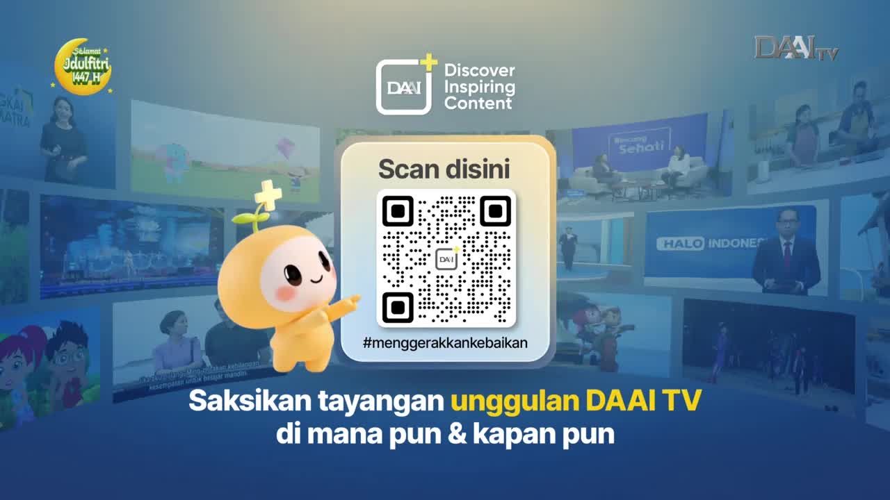 A bright yellow character with a sprout on its head stands beside a QR code. Screens displaying various DAAI TV programs surround them.