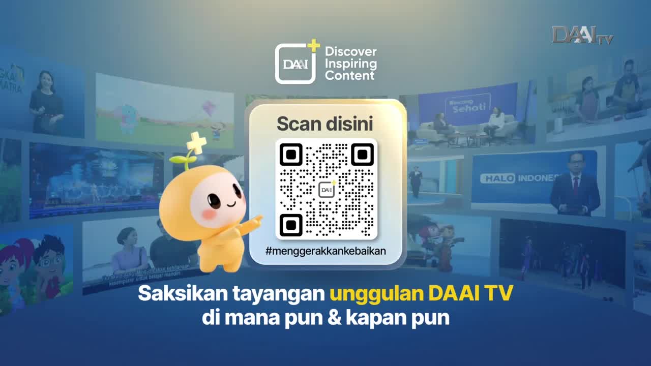 A cheerful yellow mascot with a sprout on its head stands beside a QR code. Behind them, various screens display different programs, showcasing DAAI TV's content.