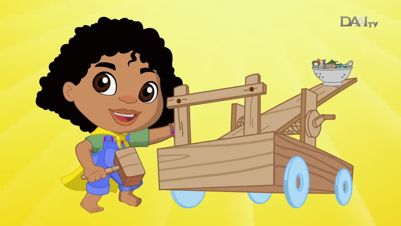 A young girl with curly hair, wearing blue overalls and a yellow cape, stands next to a wooden contraption. She holds a mallet, ready to work on the machine that has a bowl of colorful objects perched on its arm. This is a scene from DAAI TV, a familiar sight for many in Indonesia. A young girl with curly hair, wearing blue overalls and a yellow cape, stands next to a wooden contraption. She holds a mallet, ready to work on the machine that has a bowl of colorful objects perched on its arm. This is a scene from DAAI TV, a familiar sight for many in Indonesia.