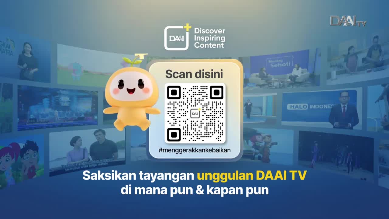 A cheerful yellow mascot with a leaf on its head floats beside a QR code. The screen behind it displays various scenes from DAAI TV programs, suggesting a world of content ready to be discovered. A cheerful yellow mascot with a leaf on its head floats beside a QR code. The screen behind it displays various scenes from DAAI TV programs, suggesting a world of content ready to be discovered.