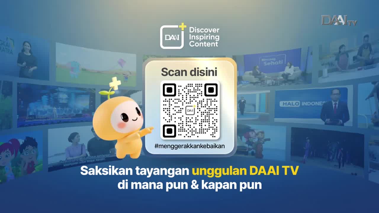 A cheerful yellow character with a sprout on its head stands beside a QR code. The code promises access to DAAI TV's best programs, viewable anywhere in Indonesia. A cheerful yellow character with a sprout on its head stands beside a QR code. The code promises access to DAAI TV's best programs, viewable anywhere in Indonesia.