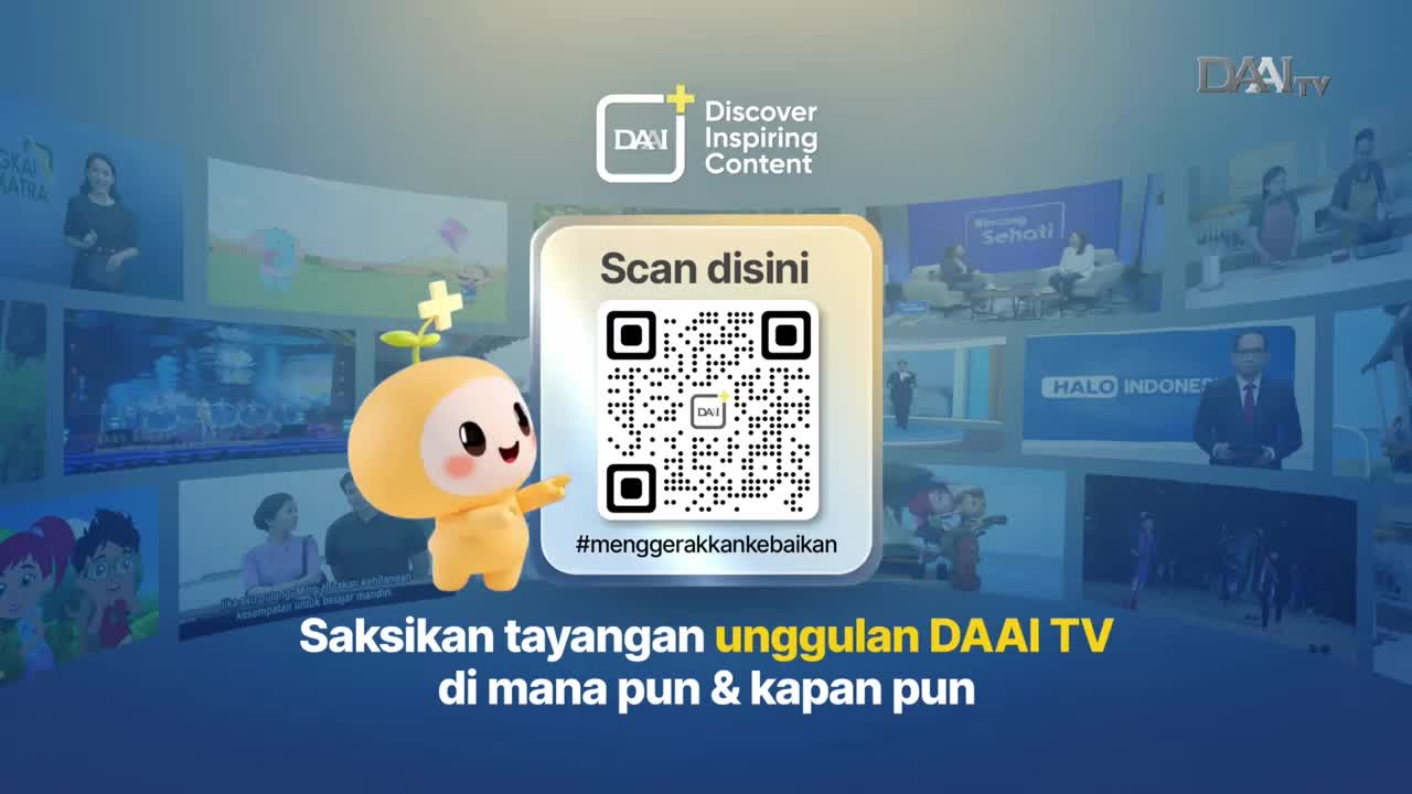 A cheerful yellow mascot with a sprout on its head stands beside a QR code. Screens behind them display various programs from DAAI TV. A cheerful yellow mascot with a sprout on its head stands beside a QR code. Screens behind them display various programs from DAAI TV.