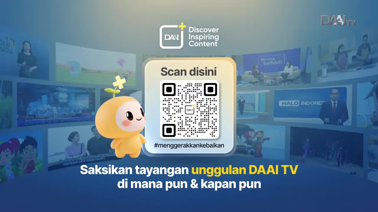 A cheerful yellow character stands beside a QR code, inviting you to scan it. Behind them, DAAI TV broadcasts play out on multiple screens, showcasing various Indonesian content.