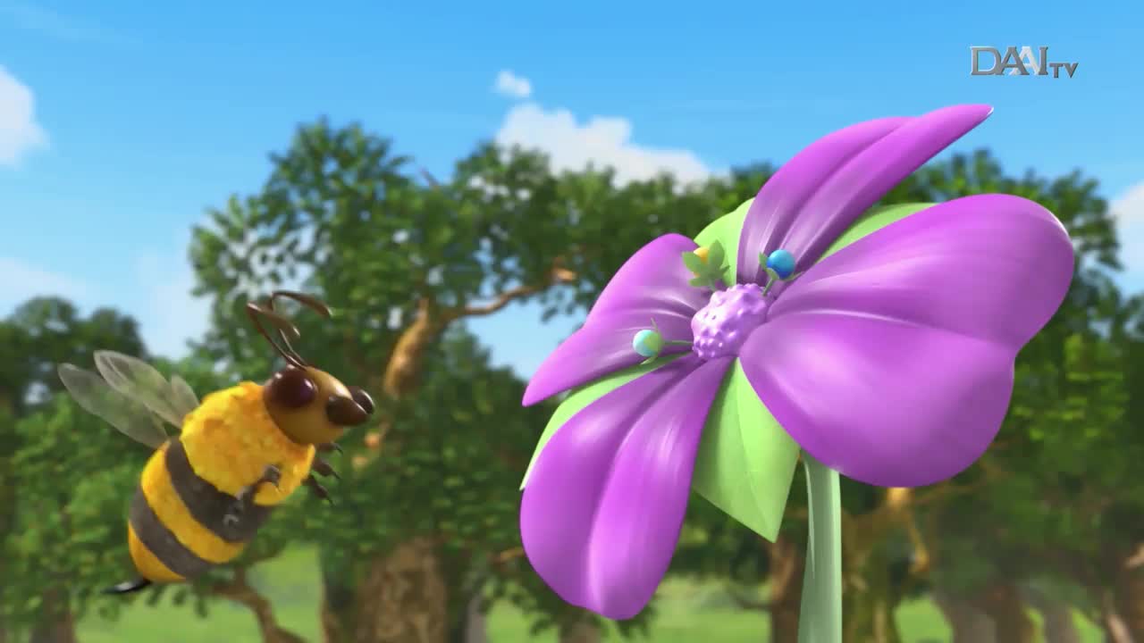 A fuzzy, yellow and black bee hovers near a vibrant purple flower. The DAAI TV logo appears subtly in the sky above the lush Indonesian landscape.