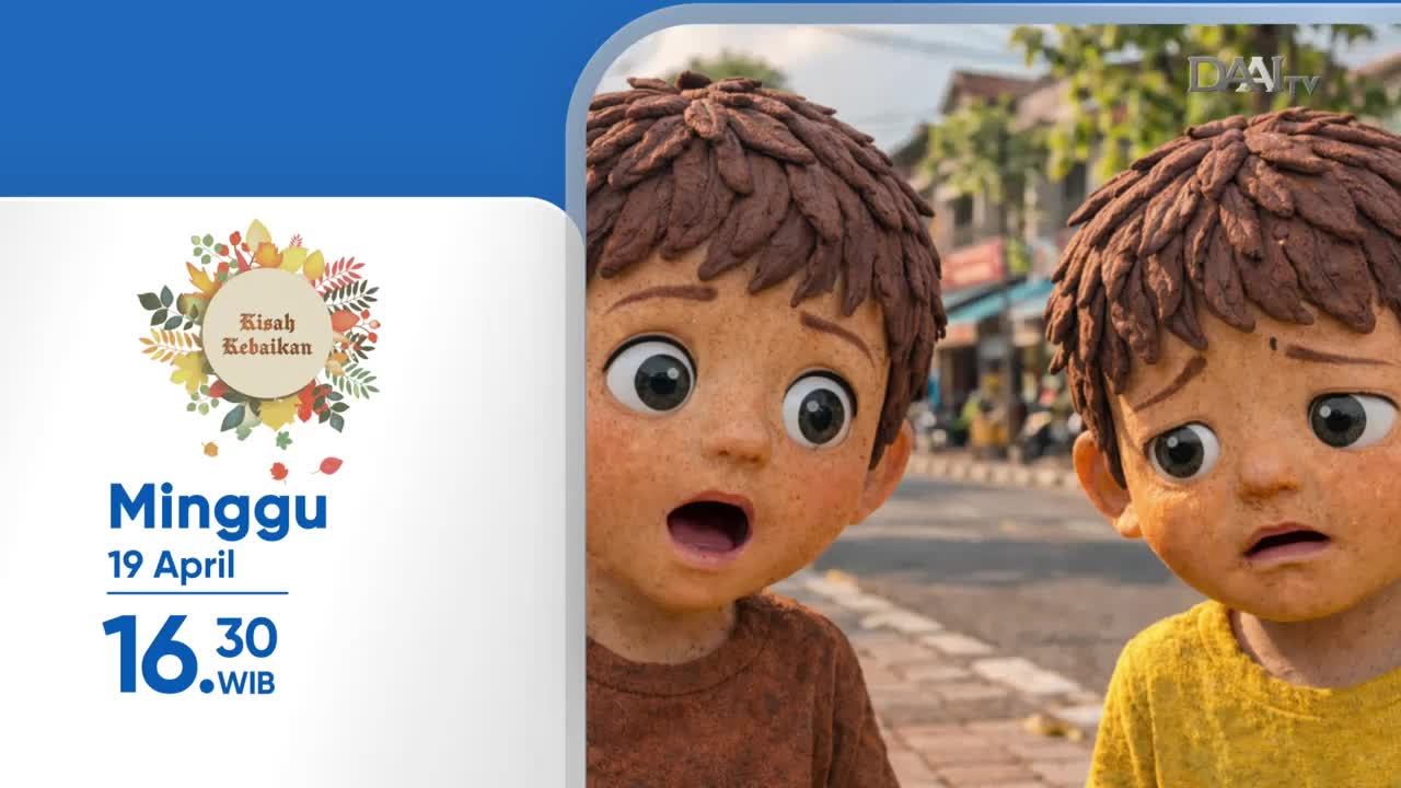 Two animated boys with wide, surprised eyes peek out from behind a white barrier. Their textured hair and freckled faces suggest a claymation style, as a DAAI TV logo appears in the background.