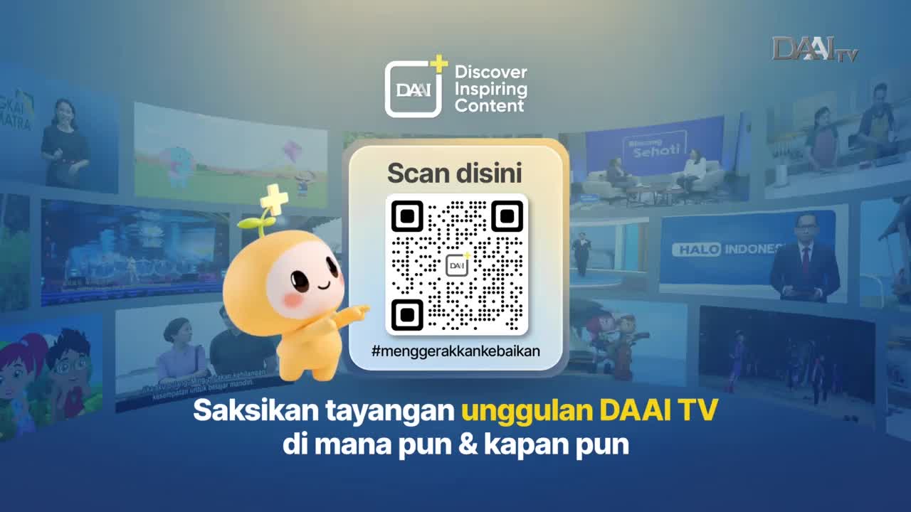 A cheerful yellow character with a sprout on its head stands beside a QR code. Behind them, multiple screens display various scenes, hinting at DAAI TV's programming from Indonesia.