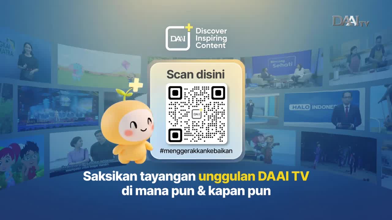 A cheerful yellow character with a sprout on its head stands next to a QR code. Behind them, various screens display different programs from DAAI TV.