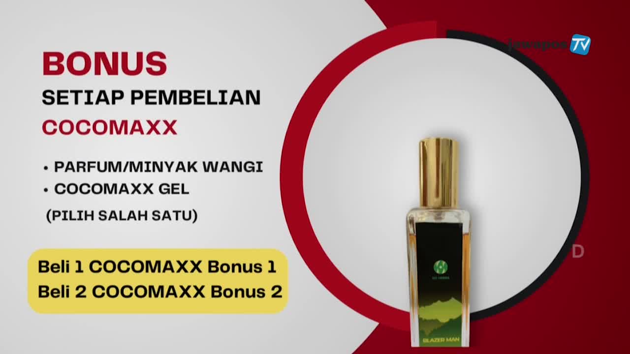 On Jawa Pos TV, a perfume bottle sits centered against a red and white backdrop. The screen displays text about a bonus offer for COCOMAXX purchases.
