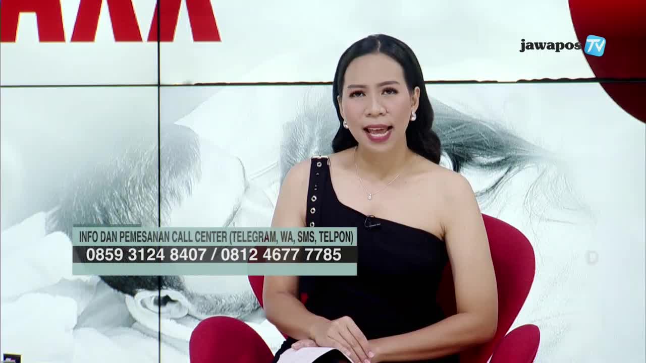 A woman in a black, one-shoulder dress speaks directly to the camera, her expression animated. The Jawa Pos TV logo sits in the top right corner, and contact information is displayed on a lower panel.
