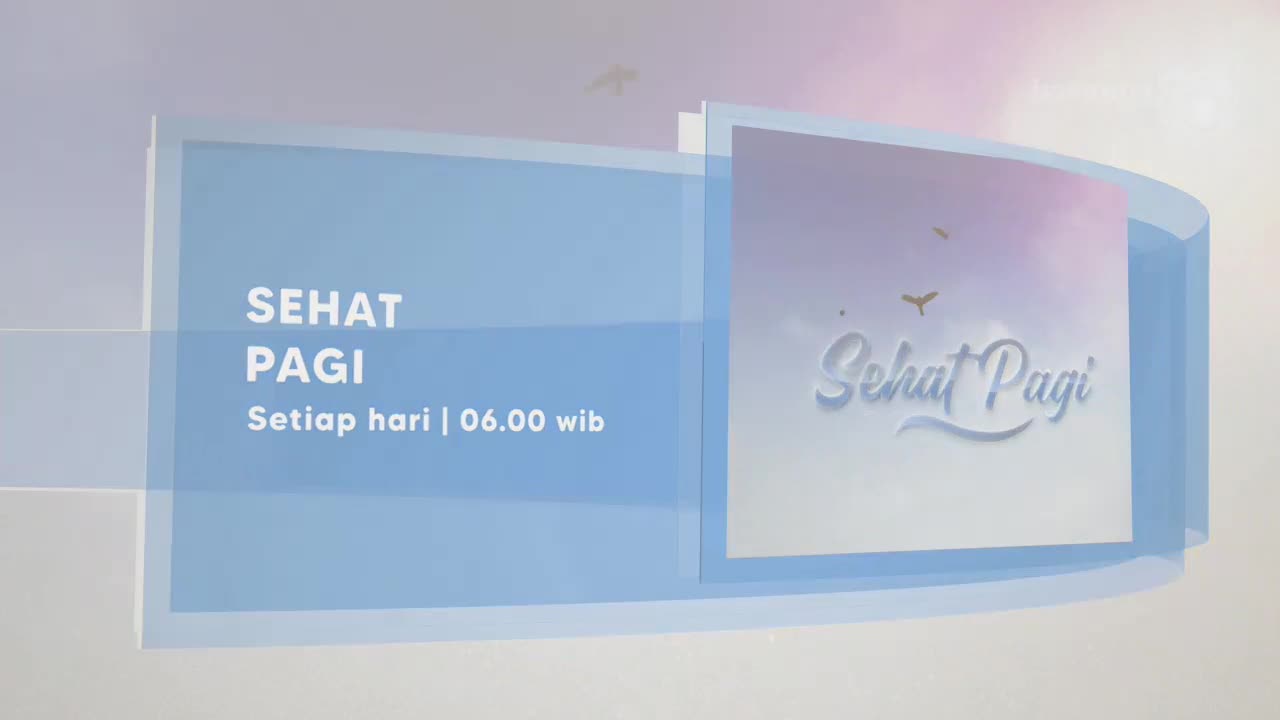 The Jawa Pos TV logo for "Sehat Pagi" floats against a soft, pastel backdrop. Above the words, tiny birds drift across the screen.
