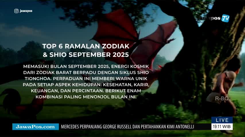 A red-winged creature soars near a large tree, while a figure with tan skin runs past. The Jawa Pos TV logo is in the corner, and the screen displays information about zodiac signs and shio for September 2025.
