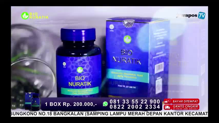 On Jawa Pos TV, a product called Bio Nuratik is advertised, with a bottle and box of the pills displayed prominently. The screen also shows contact information and the price in Indonesian Rupiah.
