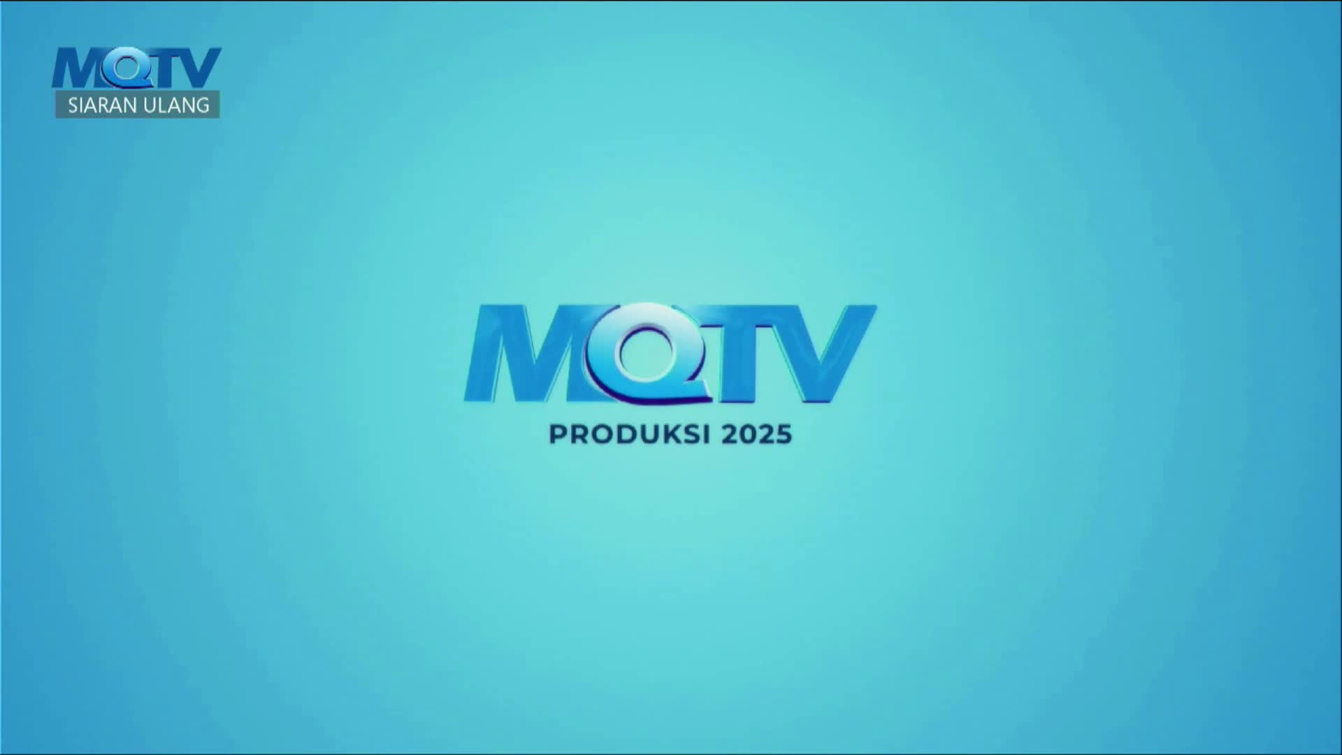 The MQTV logo, a bright blue, sits front and center over a pale blue background. Below it, the words "Produksi 2025" are printed in a smaller font.

