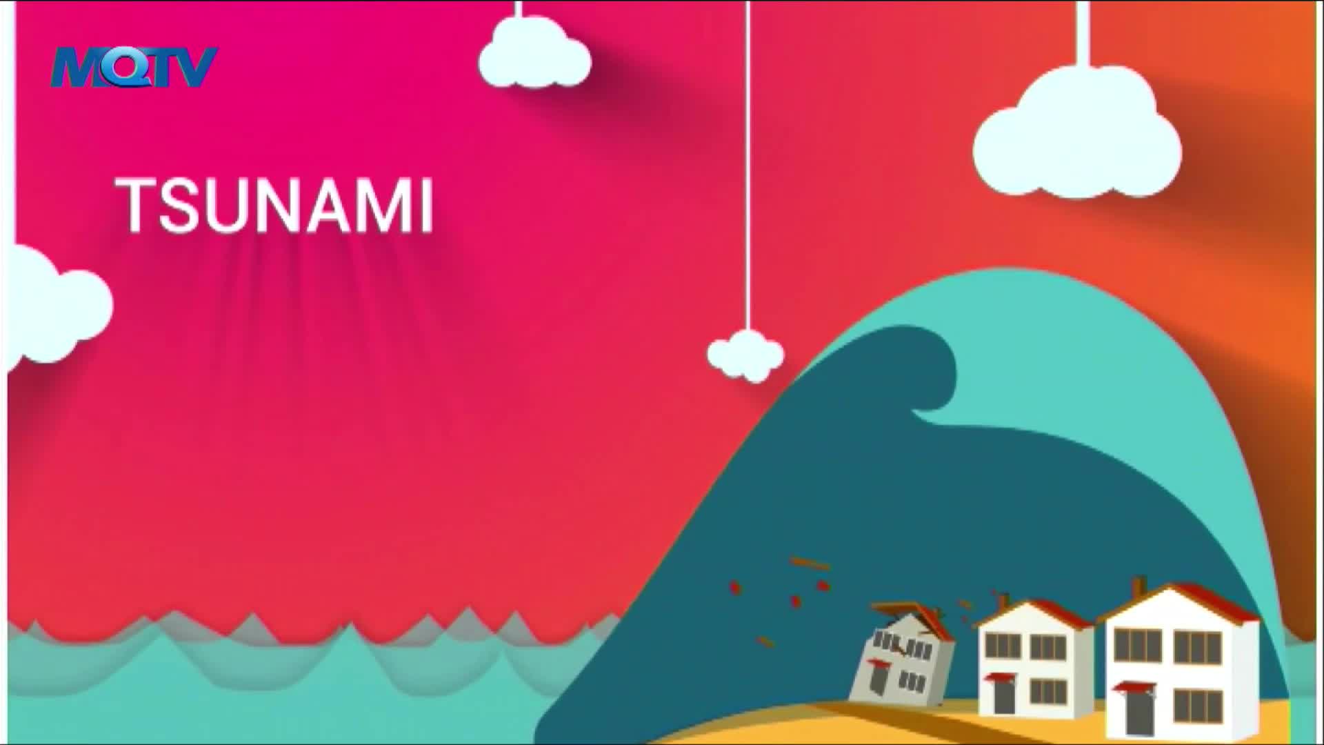 The MQTV logo is in the top left corner. A large turquoise wave crashes over a row of houses, one of which is already crumbling.
