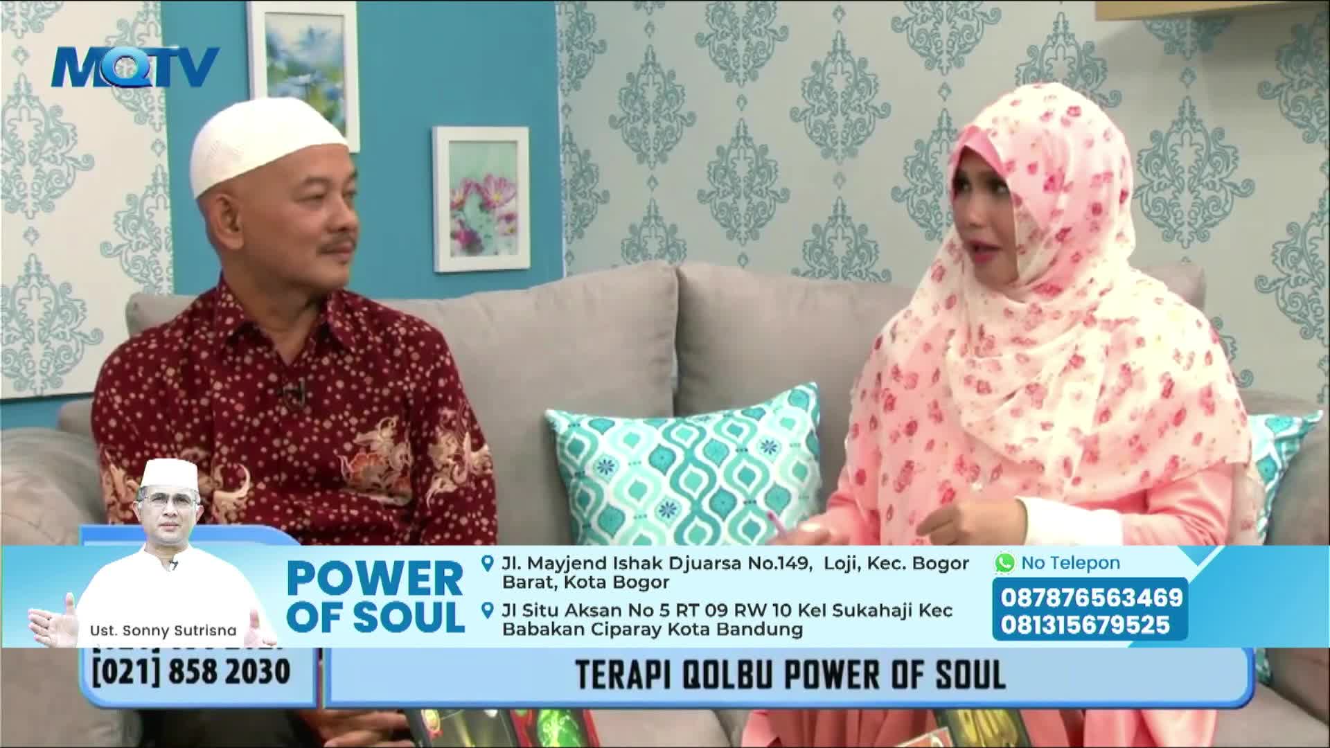 On the MQTV set, a man in a patterned shirt and a woman in a pink hijab are seated on a couch. They appear to be engaged in a discussion about "Power of Soul" therapy, as indicated by the on-screen graphics.
