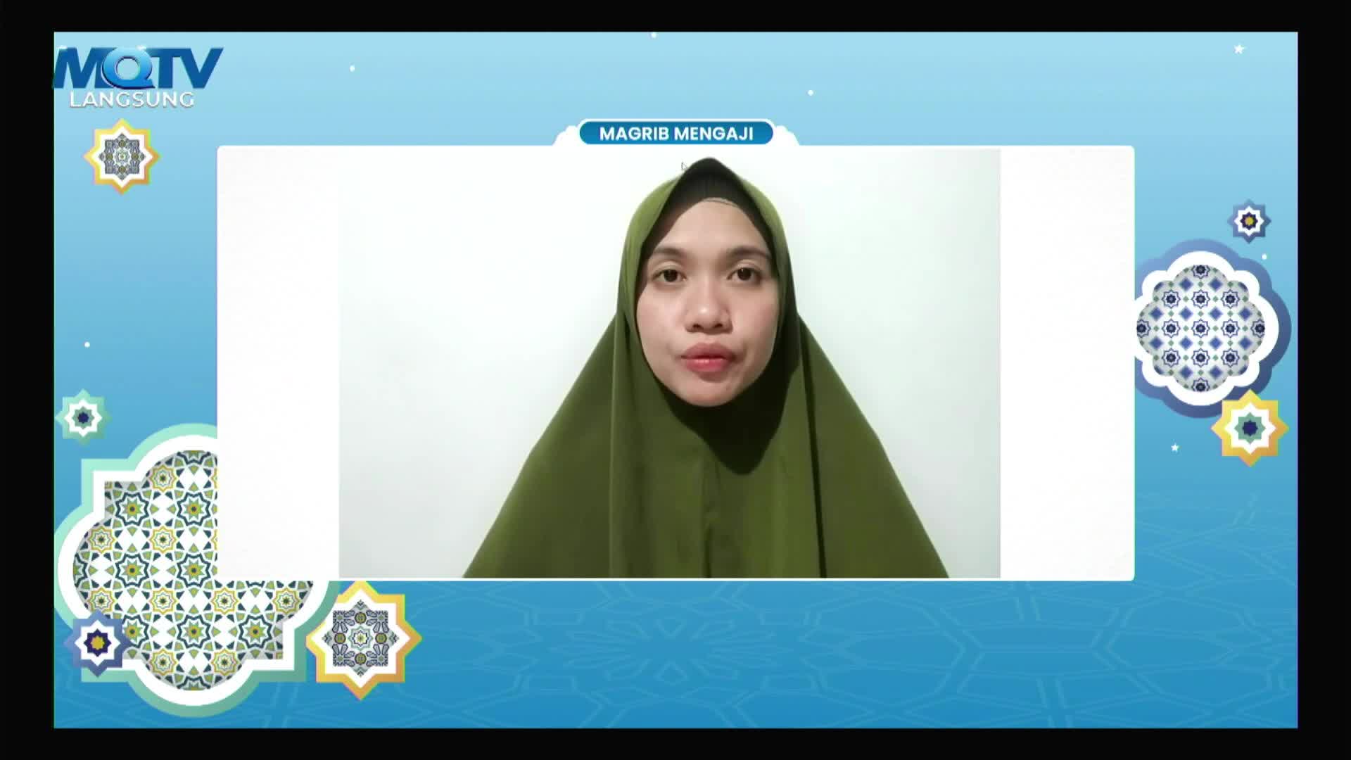 A woman in a green hijab is centered on the screen, speaking directly to the camera. The MQTV logo and decorative elements frame the broadcast.
