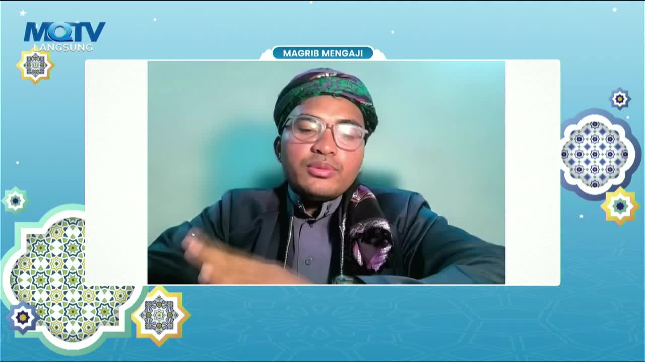 A man in a head covering and glasses gestures with his right hand while speaking on MQTV. The screen displays the words "Magrib Mengaji" at the top.

