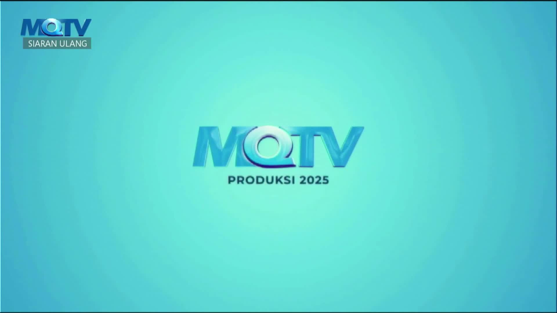 The MQTV logo, in glossy blue, sits centered on a light blue background. Below it, "PRODUKSI 2025" is printed in a smaller font.
