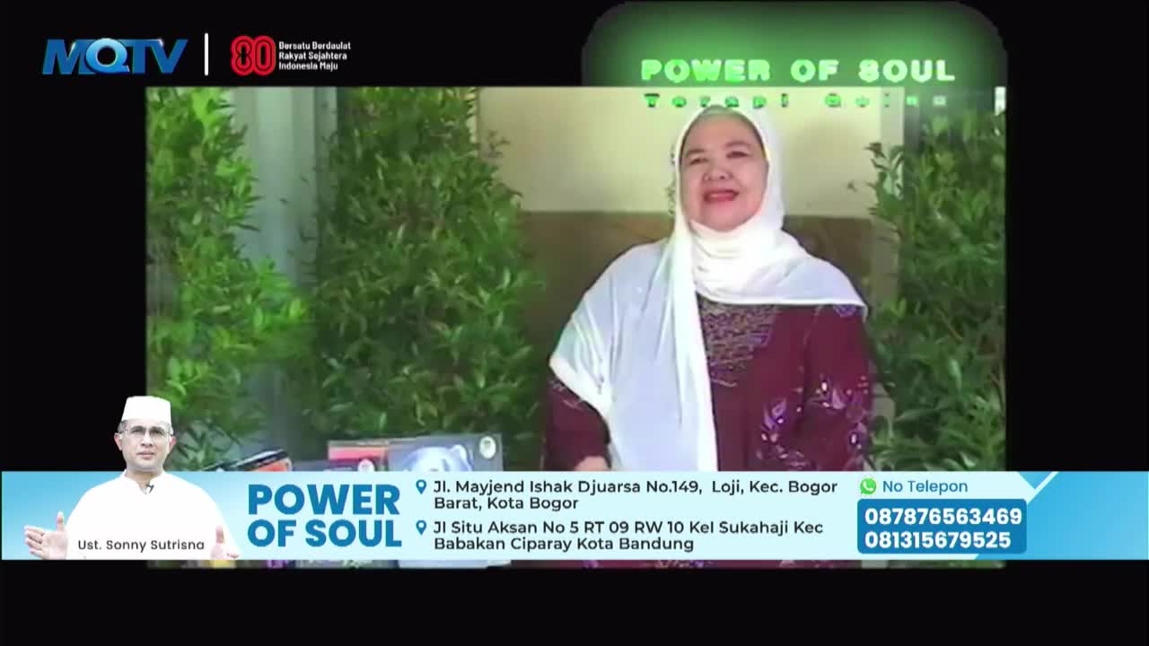 A woman in a headscarf smiles, standing in front of some greenery, as the MQTV logo and "Power of Soul" are displayed. Below, a man in a white cap and shirt appears in a smaller inset, and contact information is displayed.
